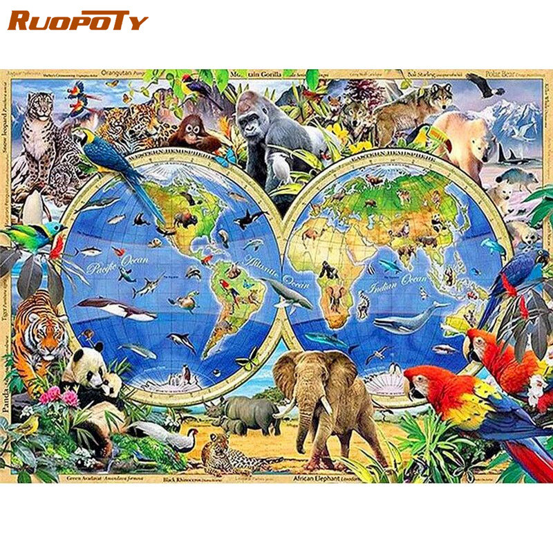 

DIY Oil Painting By Numbers For Adult Kits world of animals map On Canvas Unique Gift Coloring By Numbers Unframe Home Decor