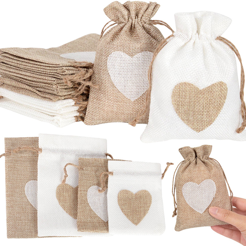 

10Pcs Natural Linen Burlap Bag Heart Jute Drawstring Candy Gifts Packaging Bags For Wedding Birthday Party Decor Jewelry Pouches