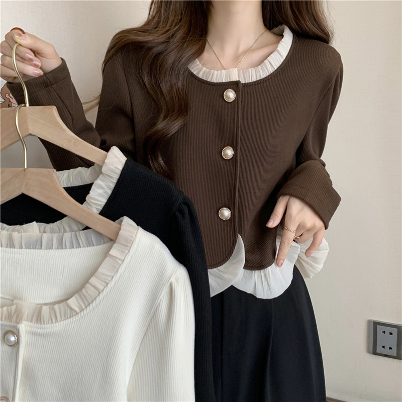 Sweater Rajut Lengan Panjang Wanita Ala Korea Kardigan Rajutan Tambal Sulam Pendek Atasan Kasual Lon