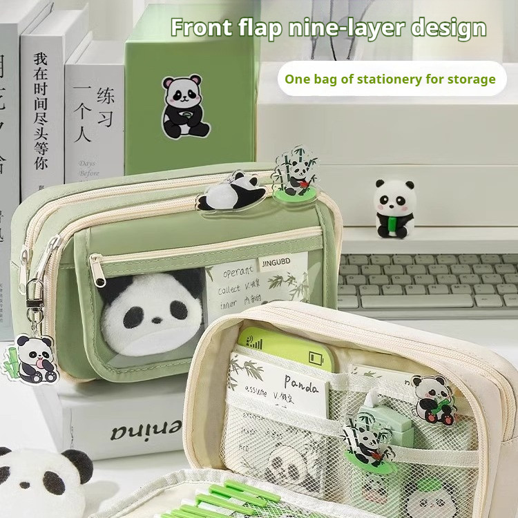 

Panda themed pencil case, large capacity, high aesthetic value female student supplies set junior high school stationery bag
