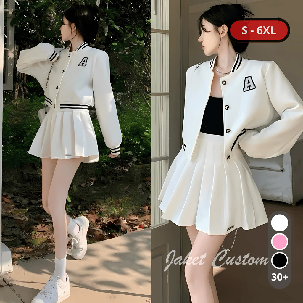Jaket Crop Top Varsity Wanita Lengan Panjang Korean Style Terbaru Oversize Jumbo LD 120 130 140 150