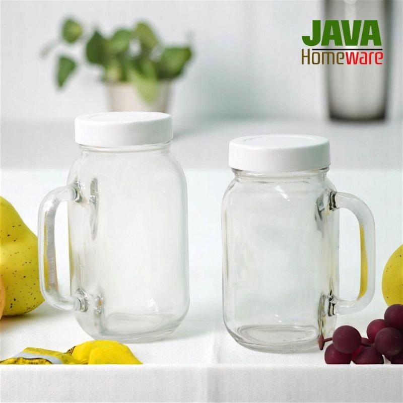 GELAS JAR TUTUP PLASTIK | MUG JAR KACA TUTUP PLASTIK | DRINKING JAR WITH LID | GELAS TOPLES POLOS