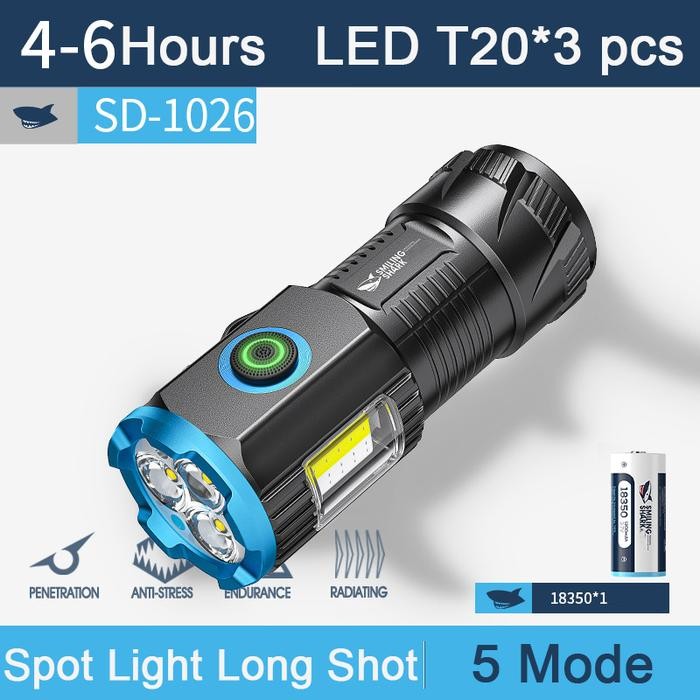 Senter Smiling Shark SD1026 SmilingShark SD 1026 Senter Mini 3x LED T20 Keychain Magnet Type-C Recha