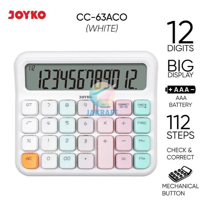 

⪩ PROMO⪨Limited Stok [kuyamol] (1 Pcs) Kalkulator Pastel JOYKO CC-63ACO Calculator 12 Digits Big Dispay Check Correct 112 Steps AAA Battery Mechanical Marshmallow Button - Putih / White