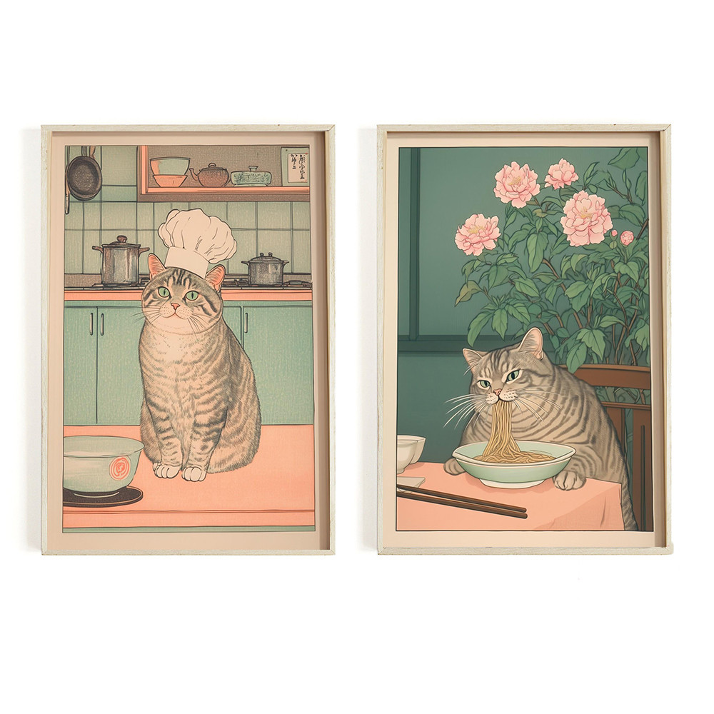 

Vintage Japanese Tabby Cat in A Chef's Hat Posters and Prints Canvas Printing Eat Noodles Wall Art Picture for Living Room Decor