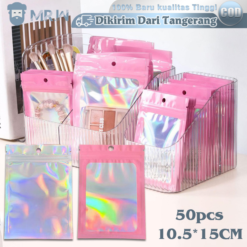 

​​Plastik Klip Ziplock Foil Hologram 50pcs Kemasan Datar Serbaguna Untuk Souvenir Aksesoris
