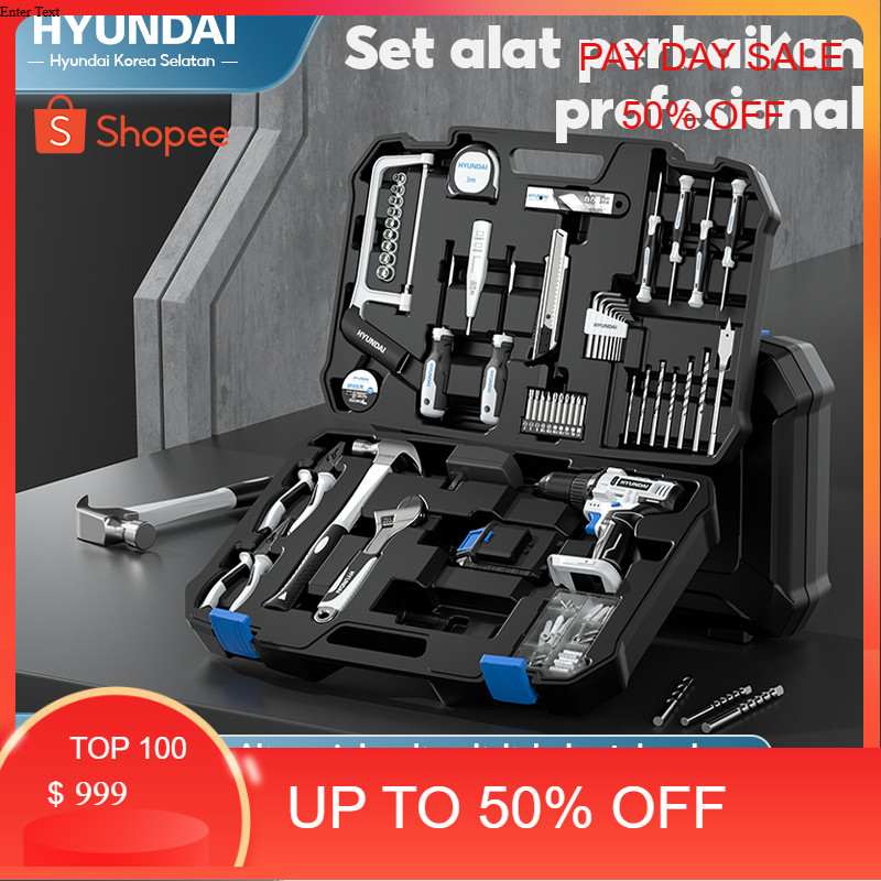 HYUNDAI Mesin Bor Listrik Set Lengkap Baterai Cordless Alat Tukang Tool Kit Tang Obeng Palu Kunci Pa
