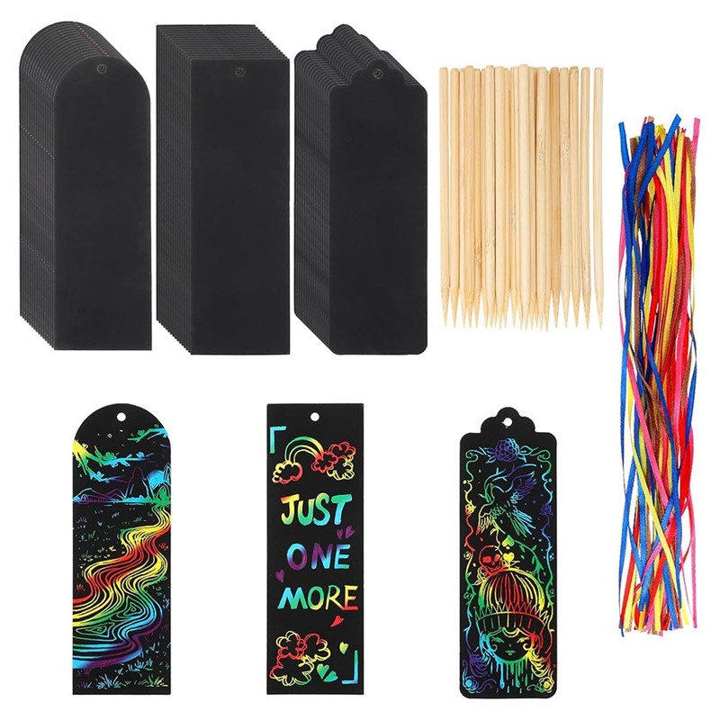 

A77P-Scratch Bookmarks, Student Party Favors Rainbow DIY Bookmark Hanging Gift Tags With Scratch Tool Ribbon For Classroom