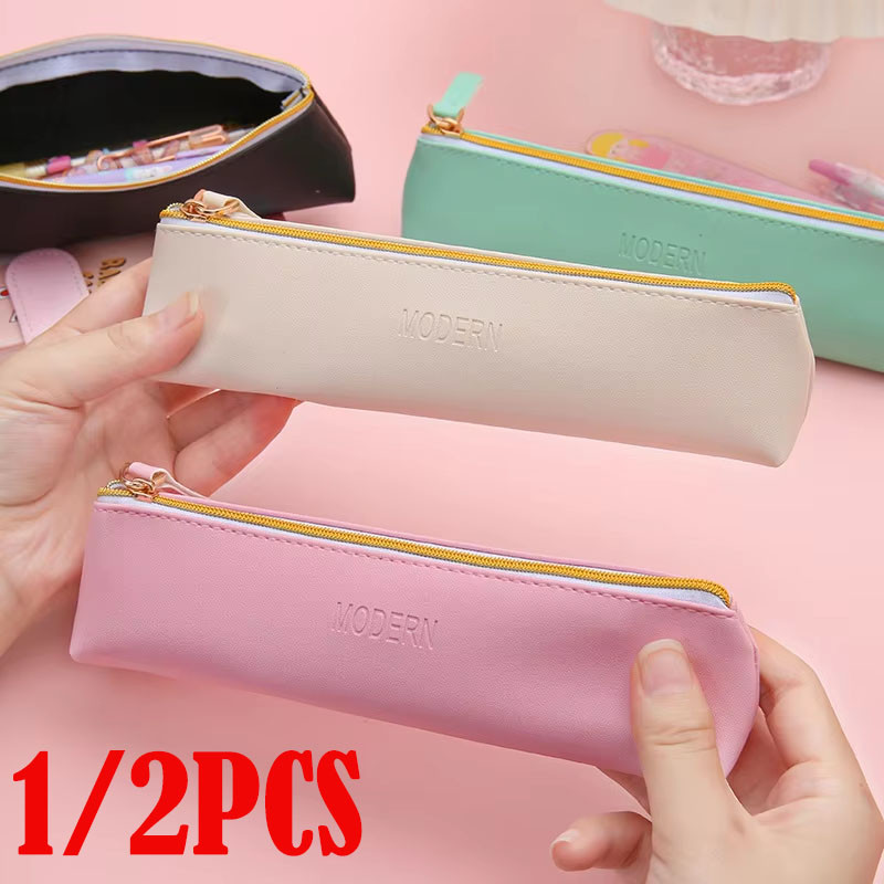 

New PU Leather Zipper Pen Pencil Bag Simple Vintage Color Case Storage Pouch for Pens Stationery School Mini Pencils Bag