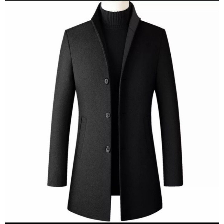 jaket jubah pria panjang ke lutut long coat blazer pria korea musim dingin warna black bahan catun f