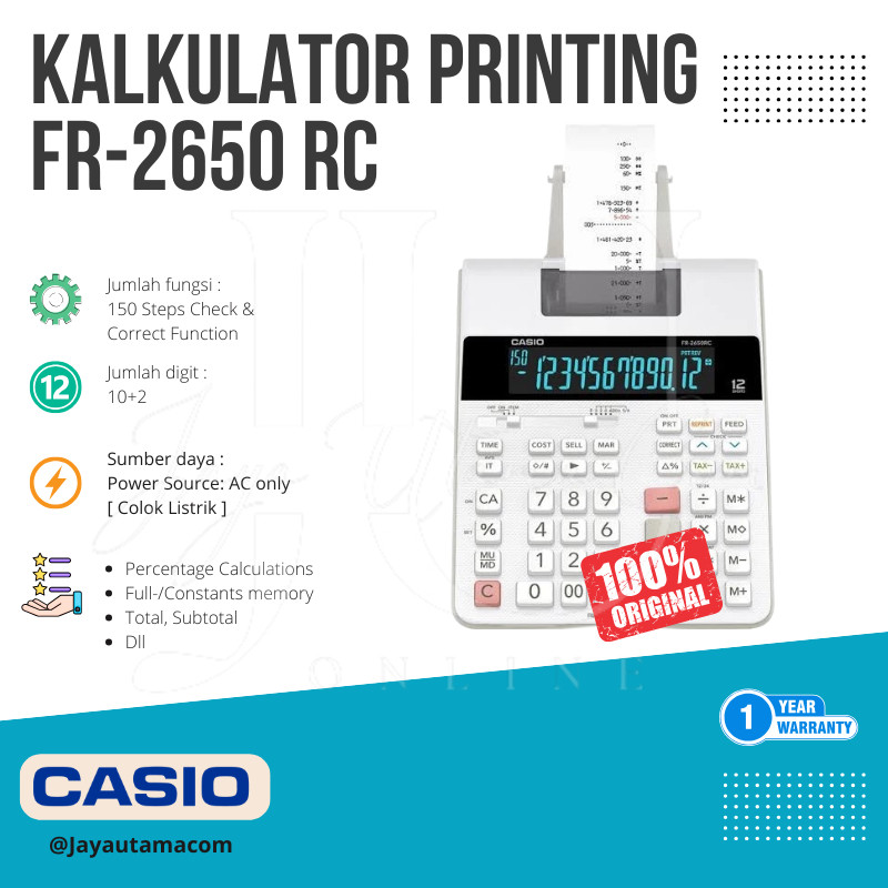 

Casio FR-2650RC Kalkulator Kasir – Printing Calculator, Struk Otomatis – Garansi Resmi