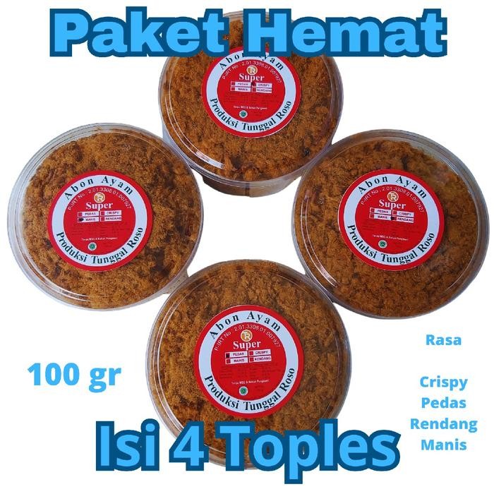 

(PAKET HEMAT) Abon Ayam Super Tunggal Roso 4 Toples x100gr Food Snacks Jajanan Makanan