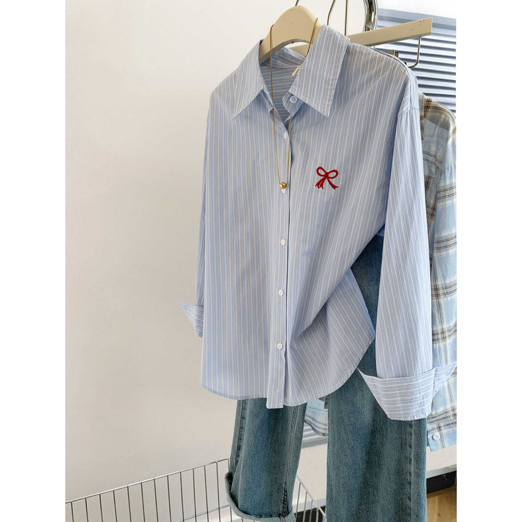 Misco Kemeja Bergaris Wanita Lengan Panjang Kemeja Bergaris Biru Korea Kekinian Lengan Panjang Kemej