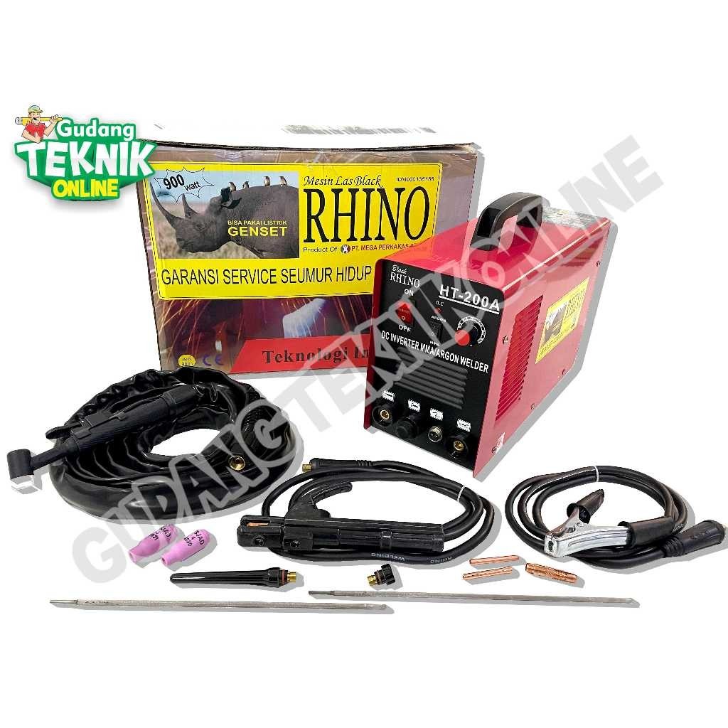 Mesin Las TIG RHINO HT200 BLACK RHINO / Argon Welder Trafo Las DC Inverter MMA Stainless 900 Watt TI