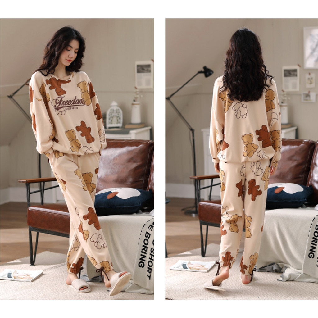 Baju Setelan Wanita Kekinian Baju Tidur Lengan Panjang Baju Tidur Wanita Korean Style Piyama Kaos