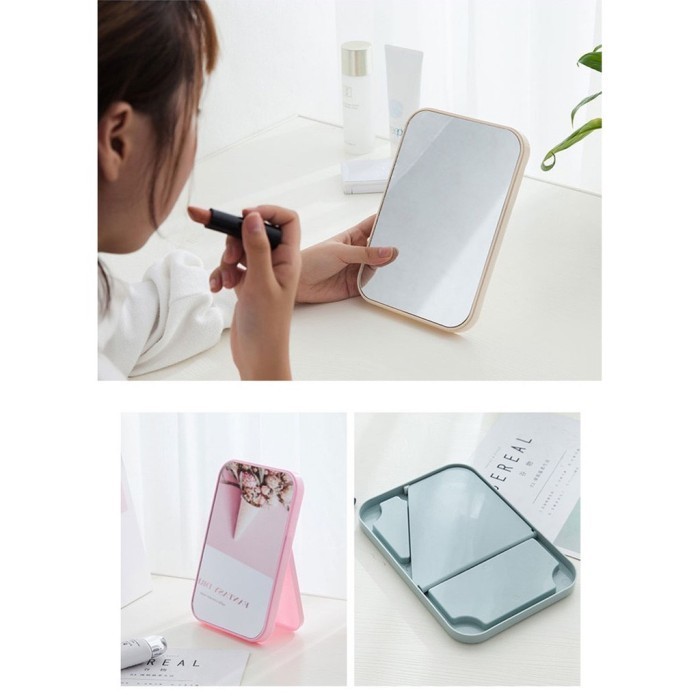 Cermin Lipat Persegi Kaca Rias MakeUp Standing Beauty Mirror Make Up Portable Mini Kecil Travel Kaca Lipat Meja Rias Kantor Live 15x10 CM