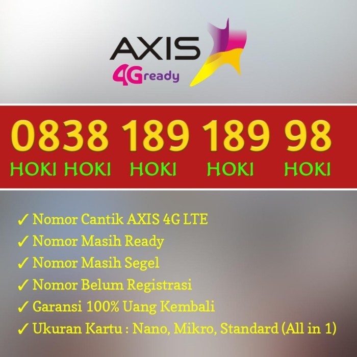 Kartu Perdana Axis Nomor Cantik Axis 4G LTE Hoki 1 8 9 98