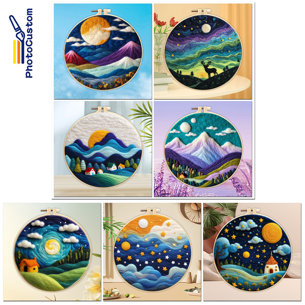 

PhotoCustom Wool Painting Funny Wool Needle Felt Kit Handmade DIY Wool Felting Paint Embroidery Starry Sky Landscape Decor New