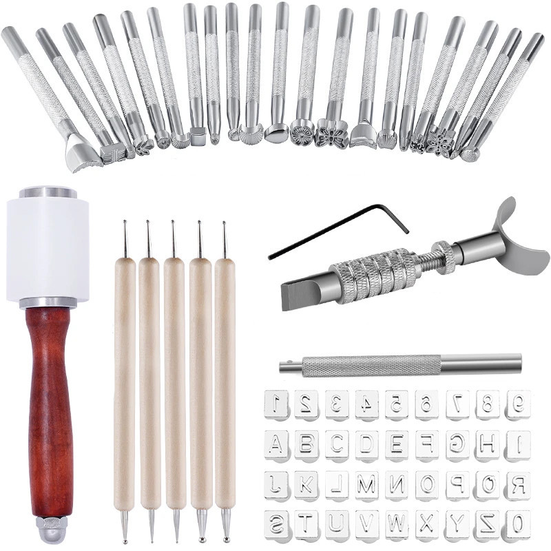 

Leather Embossing Tools Kit with Leather Stamping Carving Punch Wooden Hammer Wooden Point Drill Pen for Beginner
