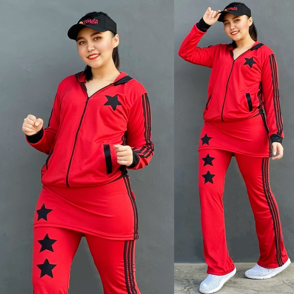 BG51HY READY Baju Senam Aerobik Stelan Outdoor Zumba Olahraga Panjang Muslim Cycling Rok Merah Hitam