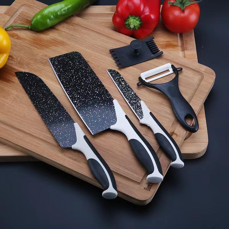 「COD」PISAU DAPUR KNIFE SET-Pisau Dapur 1 Set isi 5 pcs Pisau Dapur + Peeler Hitam dan Motif BUnga