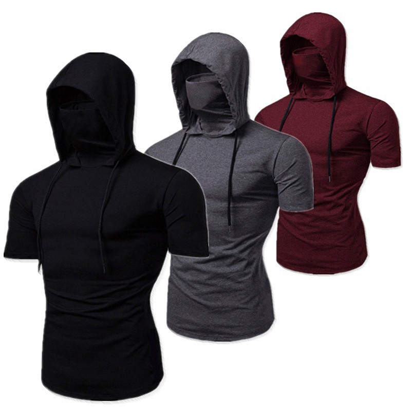 Mens Gym Thin Hoodie Shorts Sleeve Hoodies With Mask Sweatshirt Casual Splice Large Mask Hoodie Swea