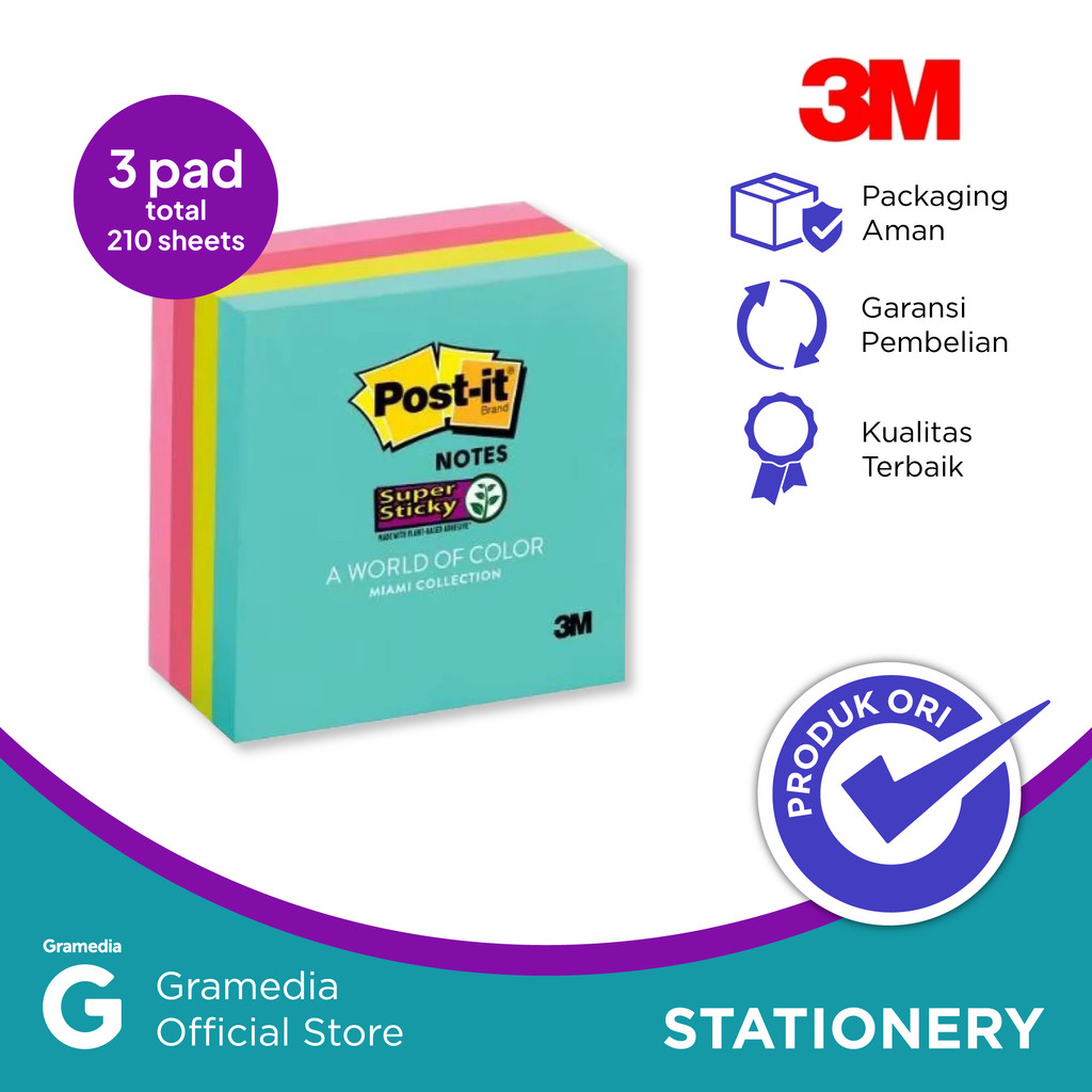 

3M Post It Sticky Notes Miami- 3 Pads/Pack- 3X3