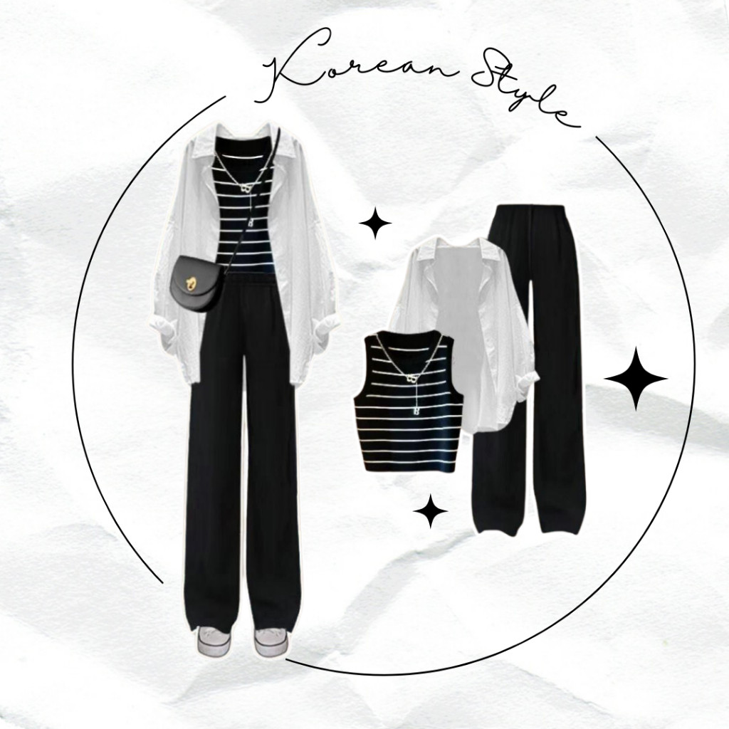 3 In 1 One Set  Korean Style Wanita Kekinian Outfit Remaja Aestatic Kece With Stripe Inner White Blo