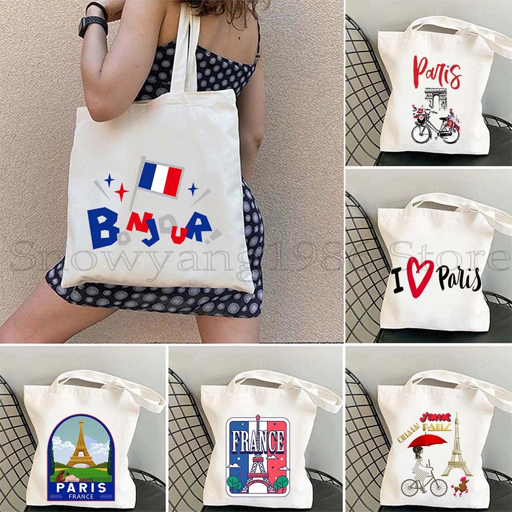 

Love Paris France Map Flag Eiffel Tower City Landmarks Pug Life Oh La La Baguette French Food Canvas Shoulder Tote Bag Handbag