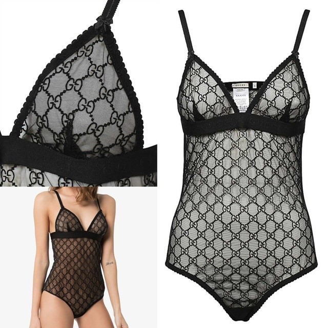 GC - GG tulle bodysuit 8069 Gucc1 / Bodysuit Transparan Wanita Branded