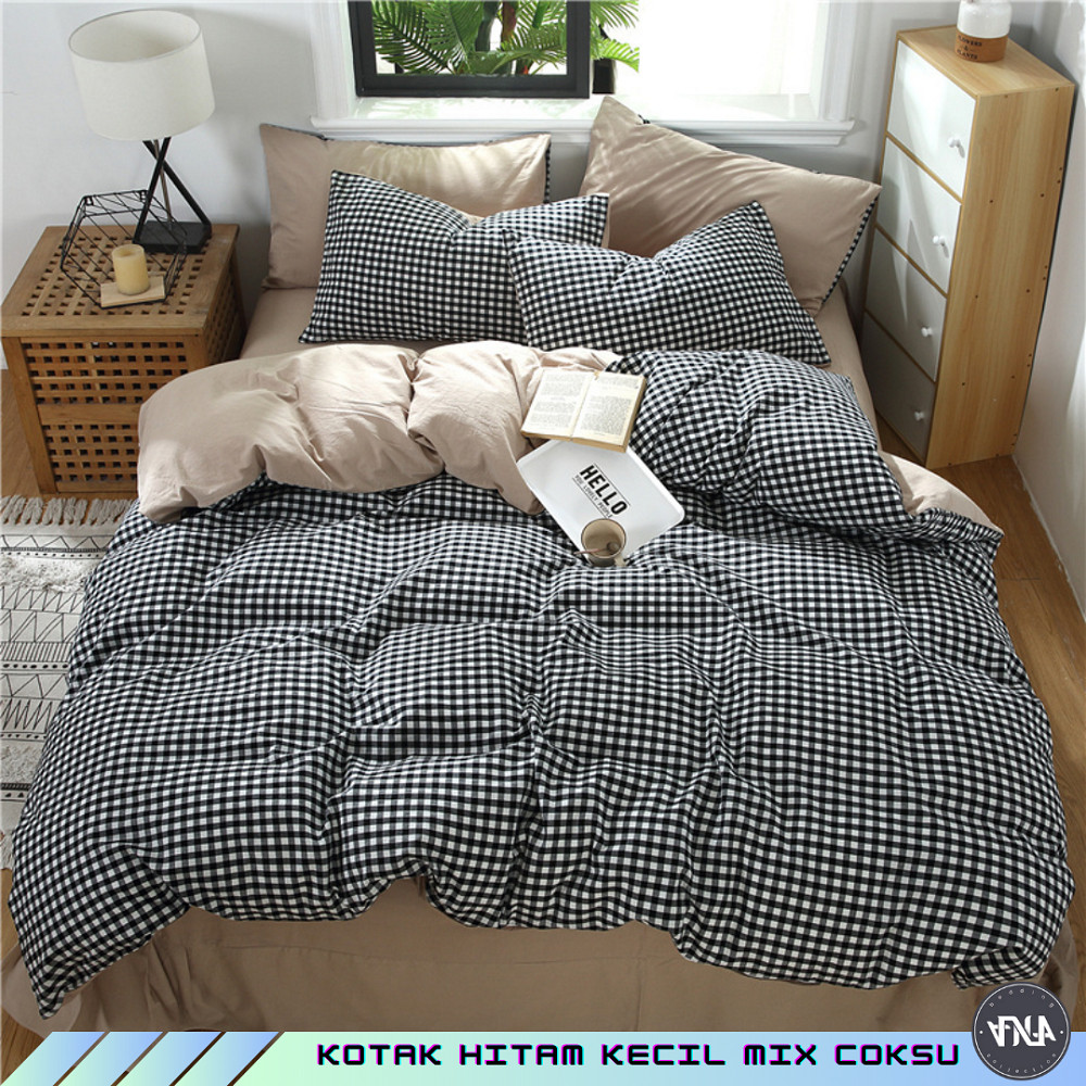 Bedcover Set Sprei Lengkap Motif Kotak Mini Gingham Hitam Korean Ukuran Single-Super King