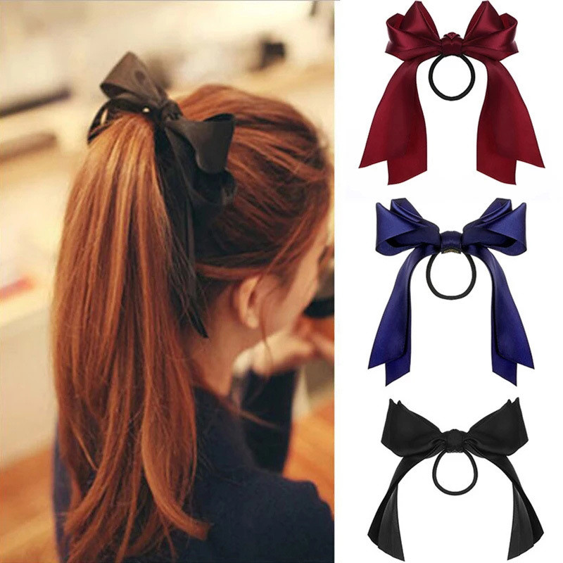 Korean BowKnot Hair Tie Scrunchies for Women Fashion Long Ribbon Elastic Hair Bands Bow Ponytail Tie