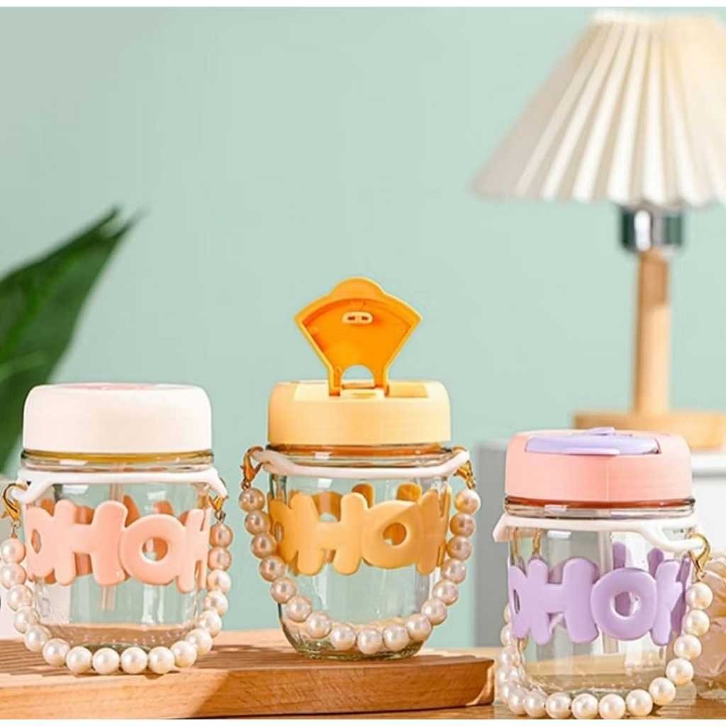 Gelas Kaca Sedotan HOHO Gelas Kopi 350ML+SEDOTAN KACA DENGAN DOS/TUMBLER KACA/BOTOL KACA