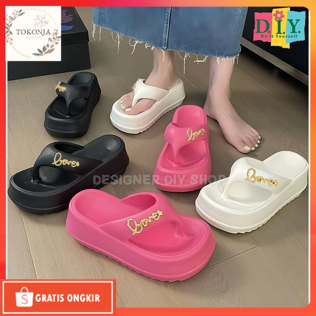 Wedges Korea / Sandal Wanita Jepit Jelly Motif LOVE Wedges Korea Style Terbaru