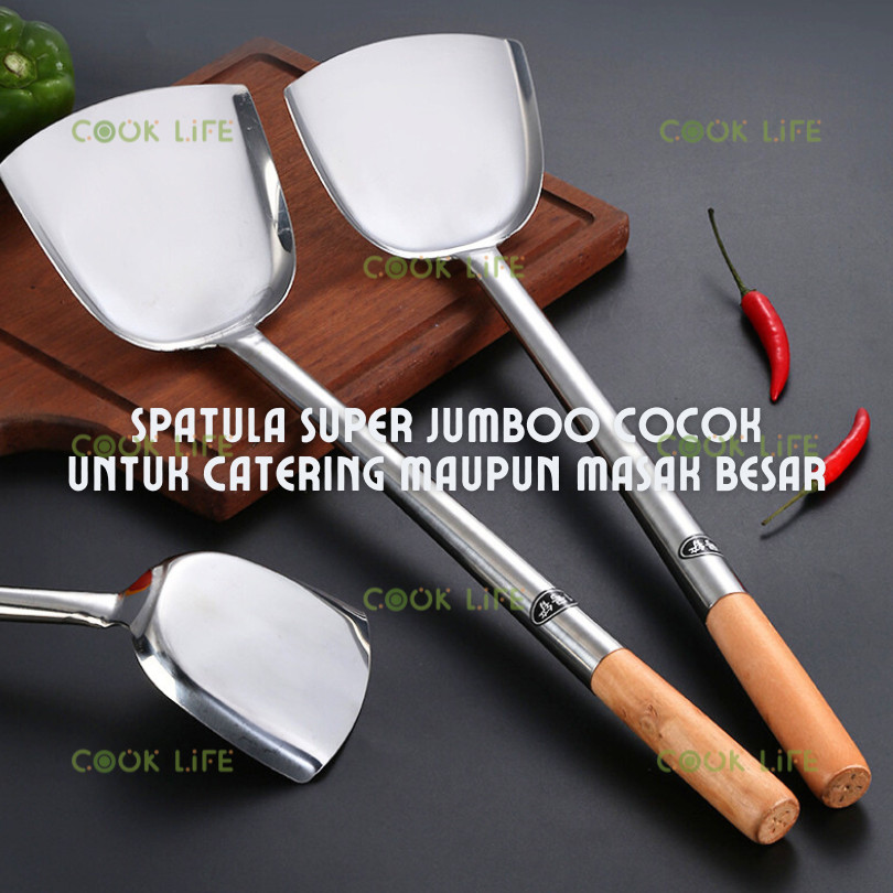 Spatula Stainless Steel Super Jumbo Sotel Alat Masak Serbaguna Gagang Kayu Irus Serbaguna Spoon Kitc