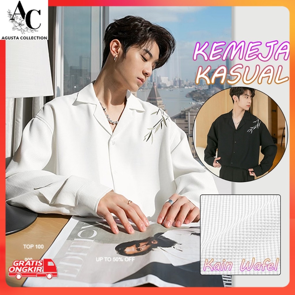 Kemeja Korea / Kemeja pria hitam dan putih Kemeja kasual Kemeja longgar Kemeja putih pria lengan pan