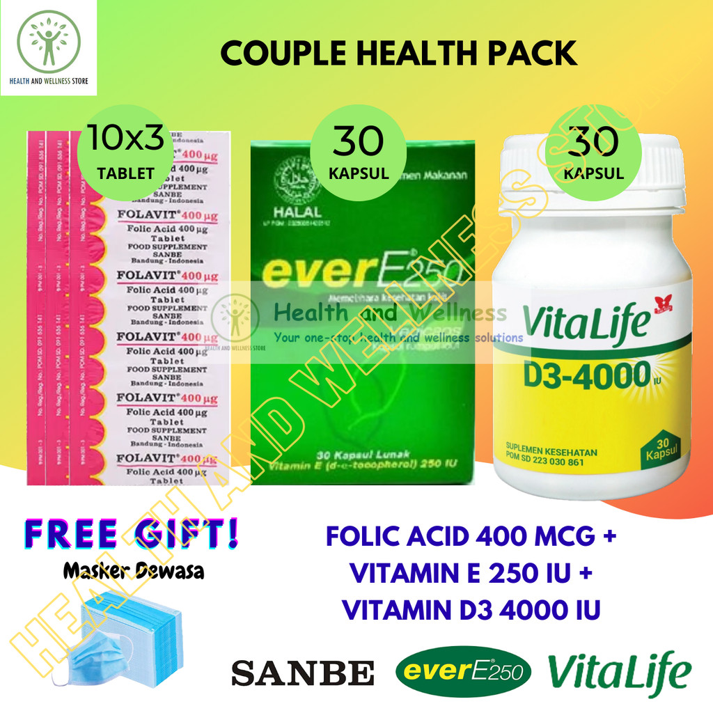 PAKET FOLAVIT 400 MCG 30 TABLET EVER E 30 KAPSUL LUNAK VITALIFE D3 4000 IU 30 KAPSUL