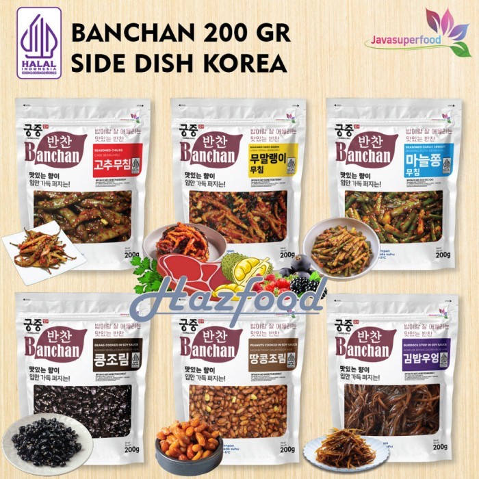 

Banchan Side Dish Korean Food 200 Gram | Chillies | Dried Radish | Garlic | Beans | Peanuts | Burdock Halal