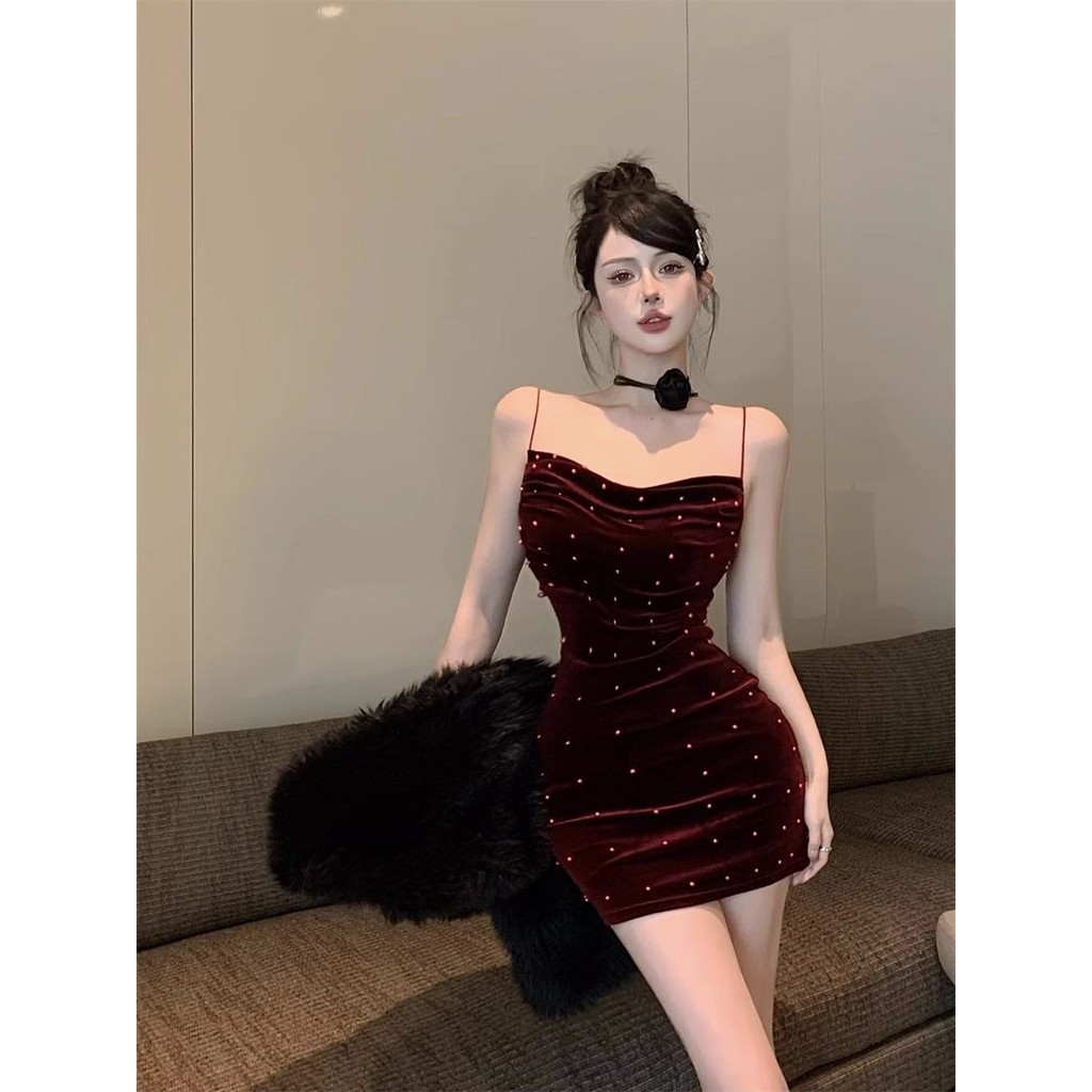 Dress Off shoulder Gaun merah pendek wanita