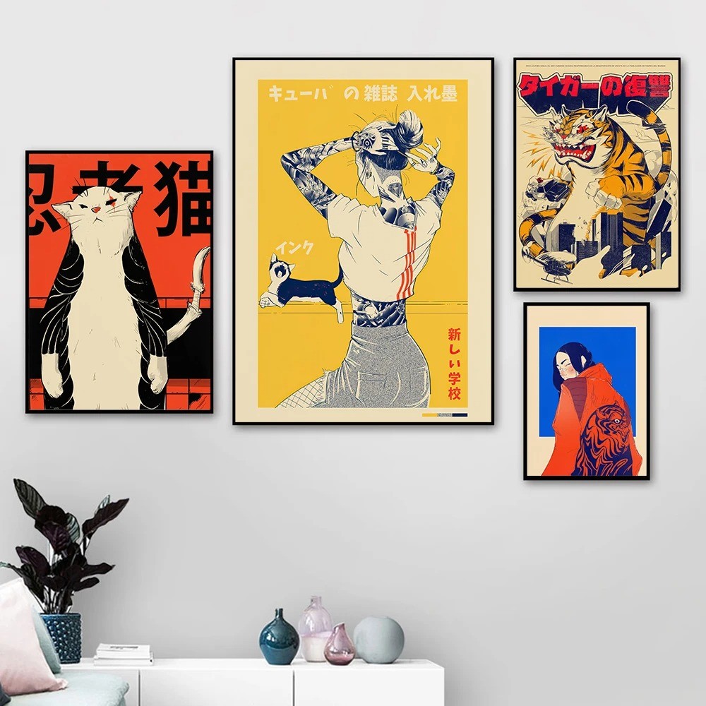 

Japanese Canvas Print La Tinta Cat Poster Art Vintage Magazine Painting Wall Pictures for Living Room Home Decoration No Frame