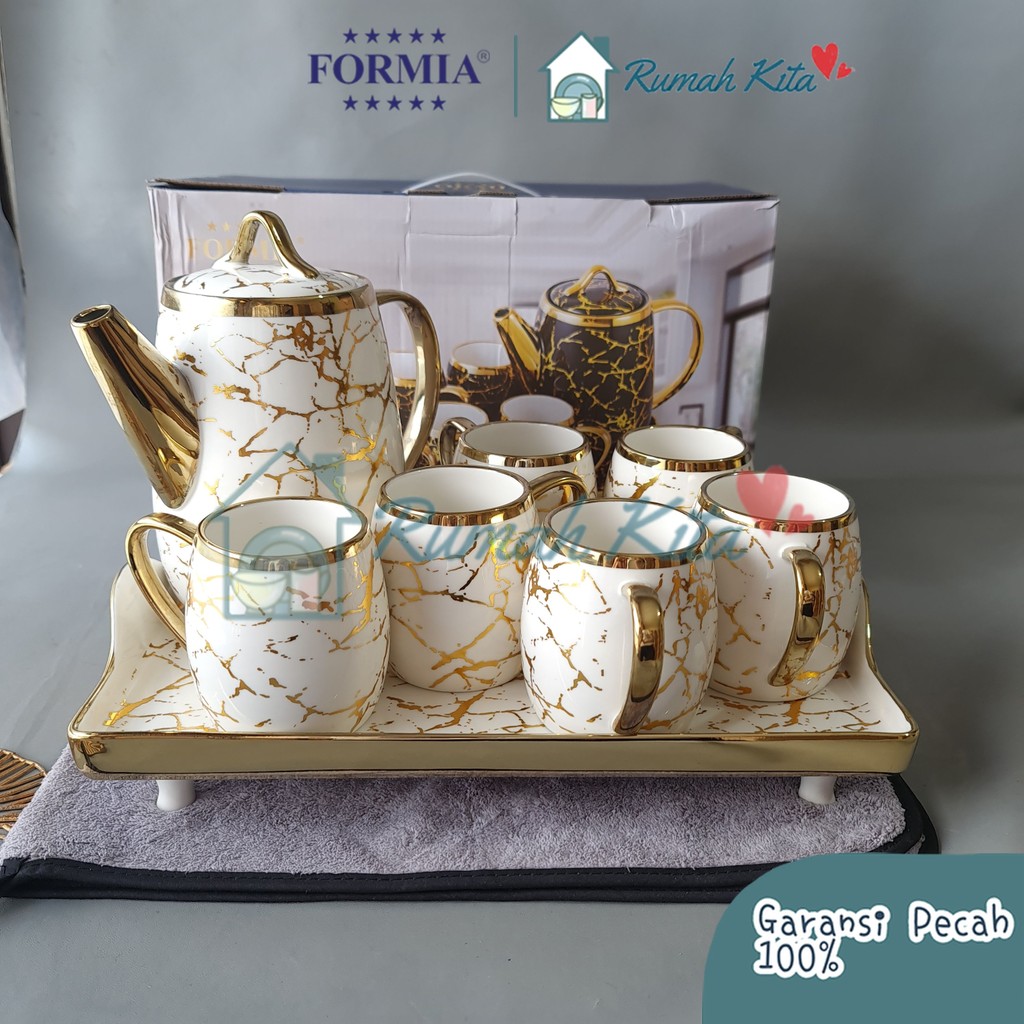 FORMIA Teapot Set Gold White Marble Tea Pot Set  8 Pcs Set + Tray Cantik Aesthetic Bermotif