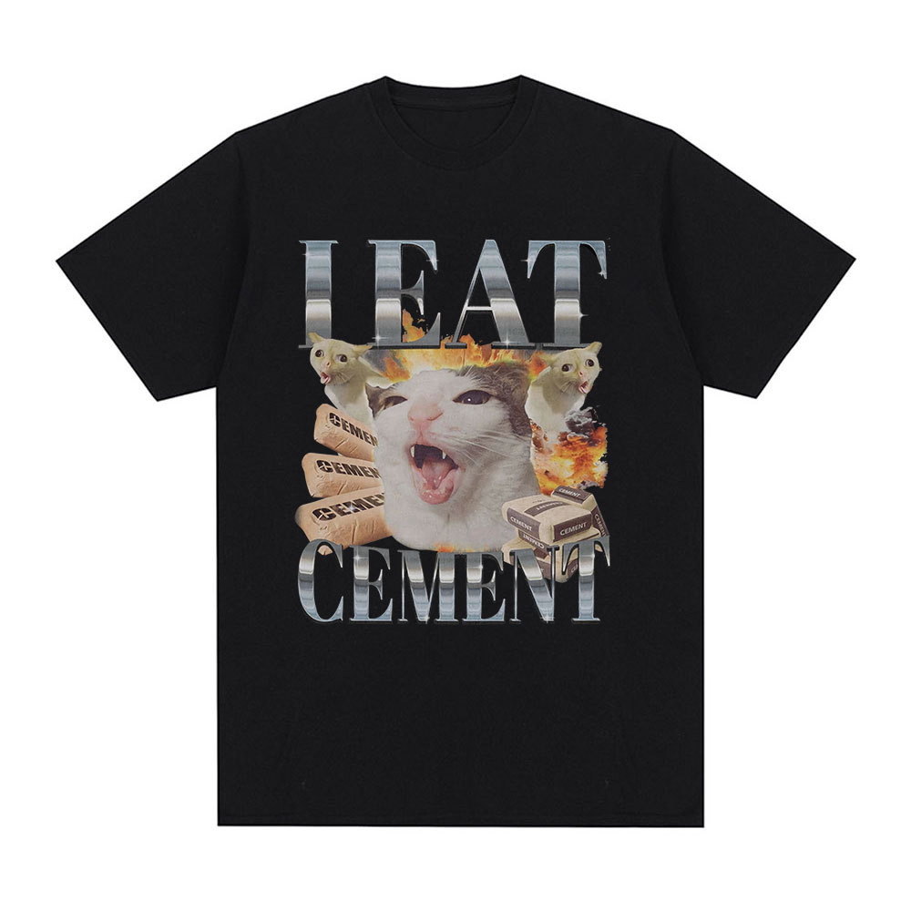 I Eat Cement Cursed Cat Kaos Distro lengan pendek baju Pria wanita Kapas murni

