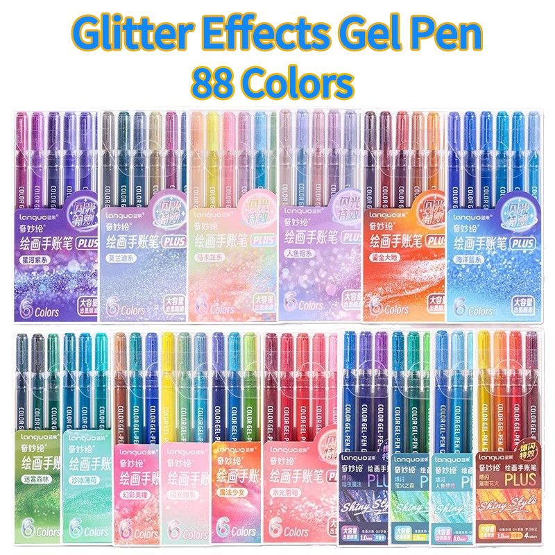 

Languo 88/6 Colors Glitter Effects Gel Pen 1.0mm Large Capacity Student Writing Pen Painting Drawing Art Marker School Supplies