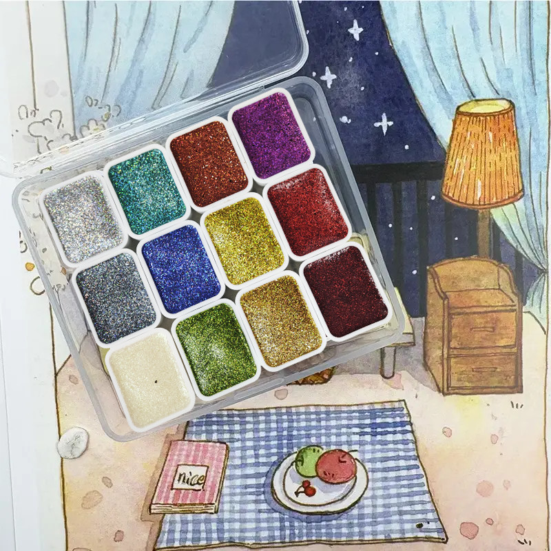 

12-color Laser Solid Watercolor Pigment Fantasy Gold Powder, Art Painting Supplies for Painting, Calligraphy Painting, Watercolo