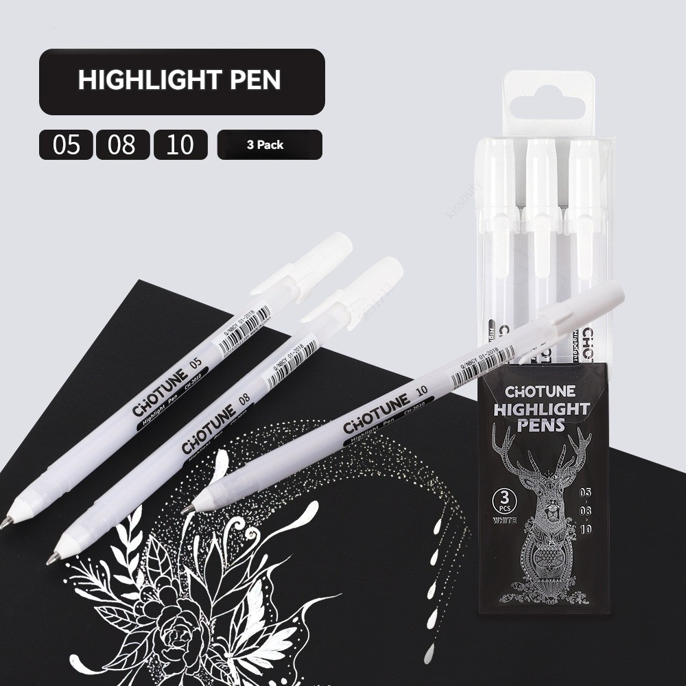 

3PCS Gelly Roll Gel Pens White Highlight Marker for Journaling Art Drawing Classic White Ink Assorted Point Fine Medium Bold