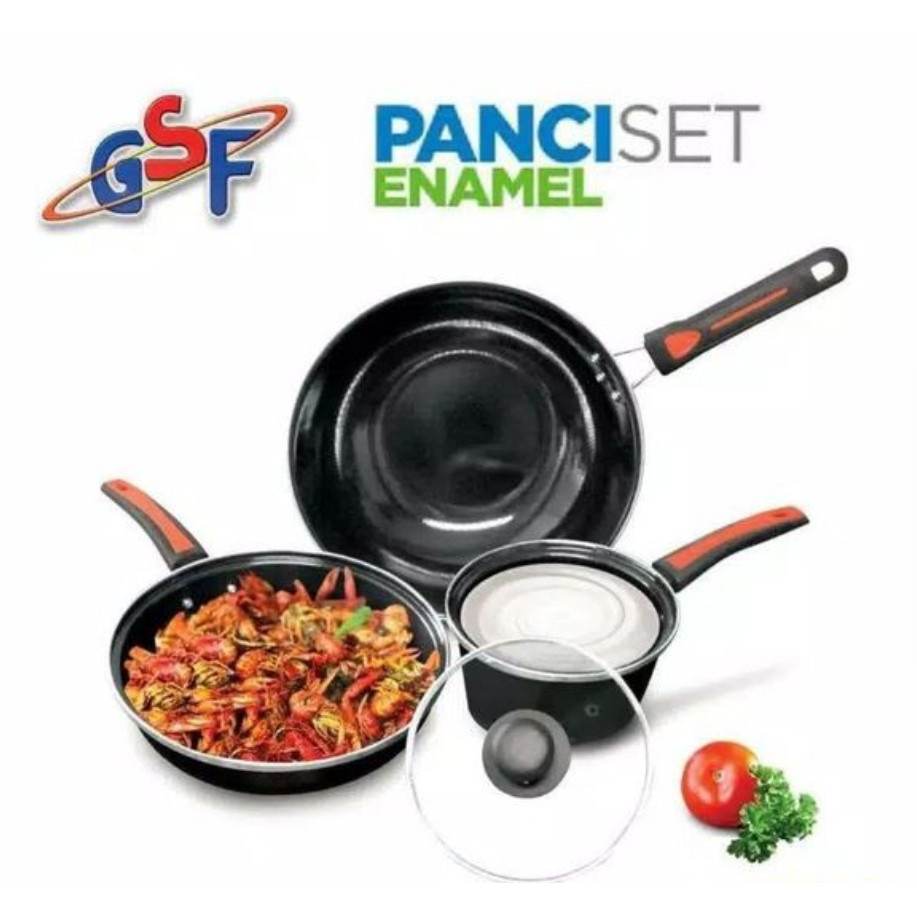 Gsf Panci Set Enamel (Isi 3 Panci)/ Panci Penggorengan