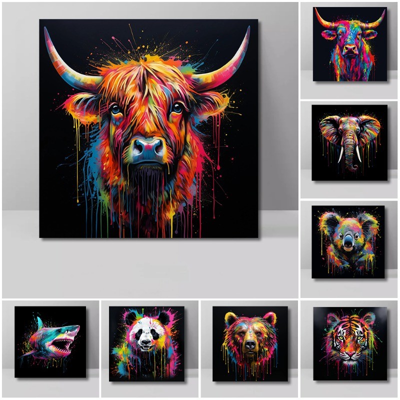 

Watercolor Animals Canvas Paintings Highland Cow Bear Dog Cat Panda Lion Tiger Skull Graffiti Art Posters Prints Room Home Decor