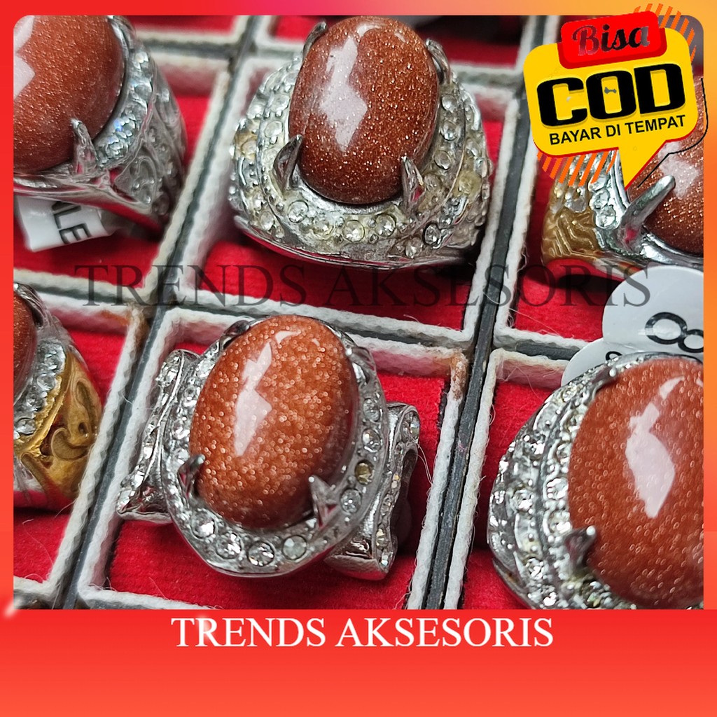 [TRENDS COD] Cincin Batu Akik Pasir Intan Coklat & Hitam Mengkilap Kilau dengan Ring Titanium Anti K