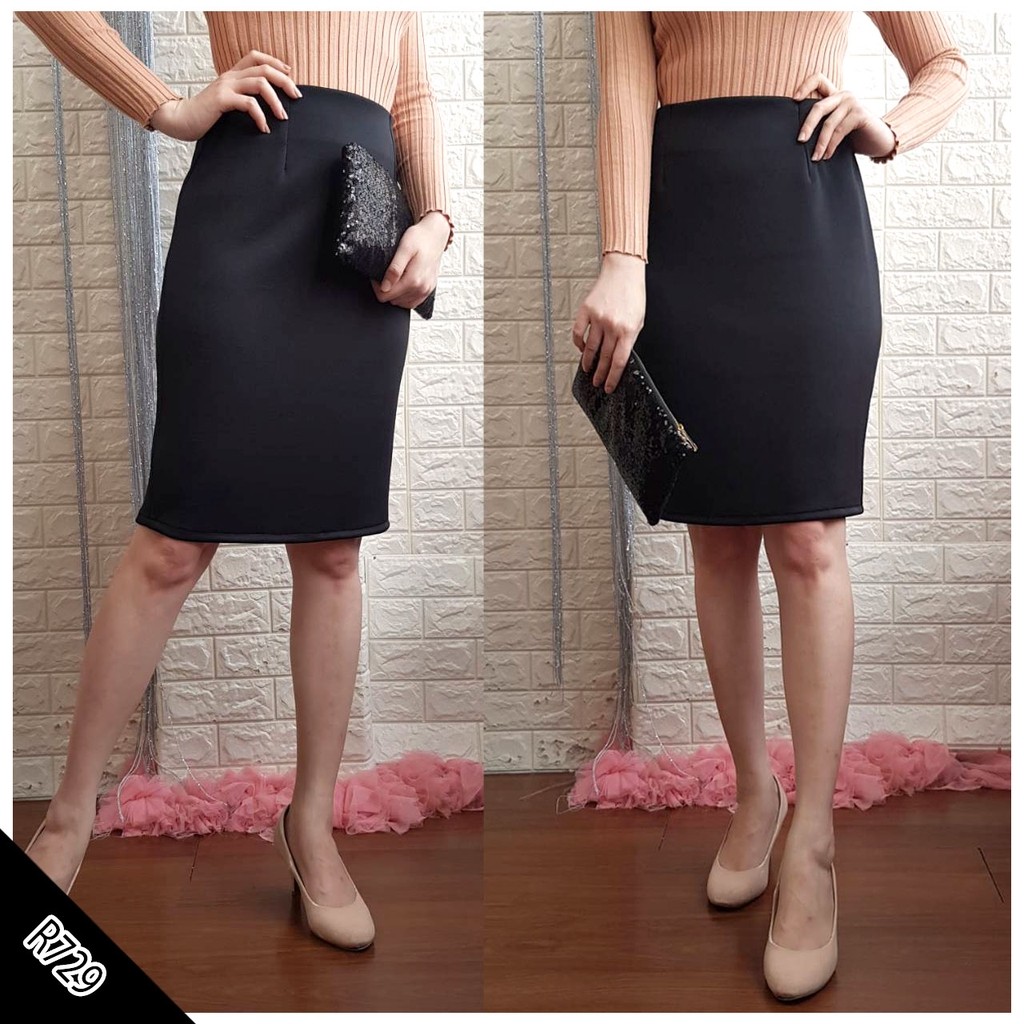 R729 office skirt polos hitam rok kerja midi