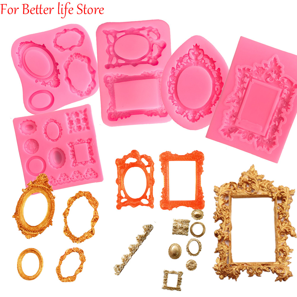 

Fondant Mold Lace Scroll Photo Frame Silicone Candy Cake Border Decoration Chocolate Baroque Style Makeup mirror Resin Mold